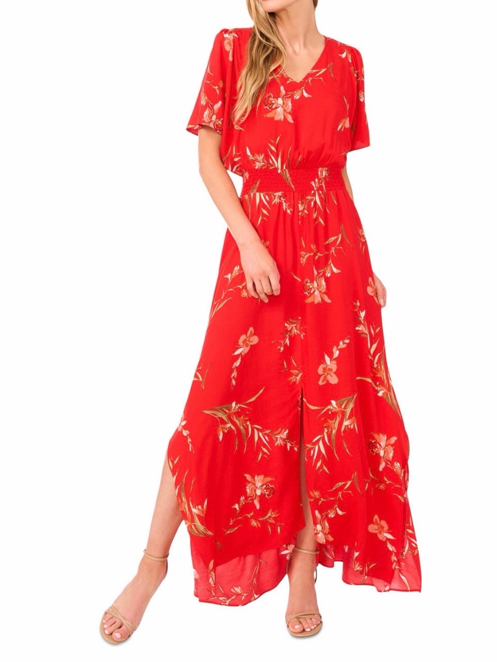 CeCe Red Floral V-Neck Maxi Dress with Smocked Waist NWT